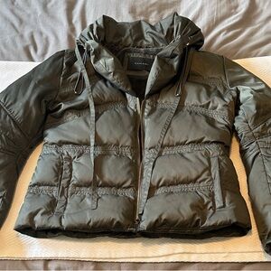 Tahari Olive Quilted Jacket, gold stitching. Size small.